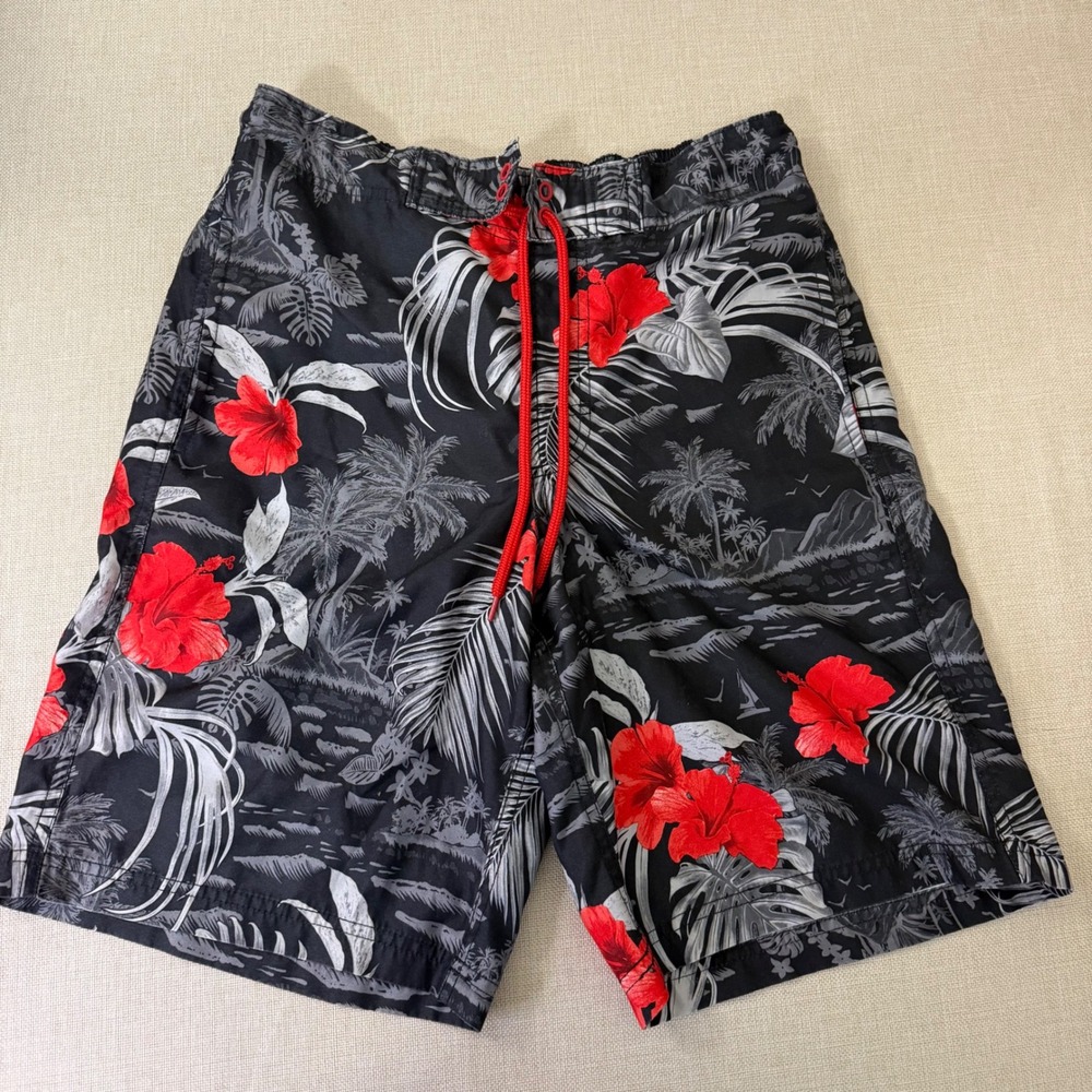 O'Rageous Mens Tropical Hibiscus Swim Trunks Black Red Floral Board Shorts Small